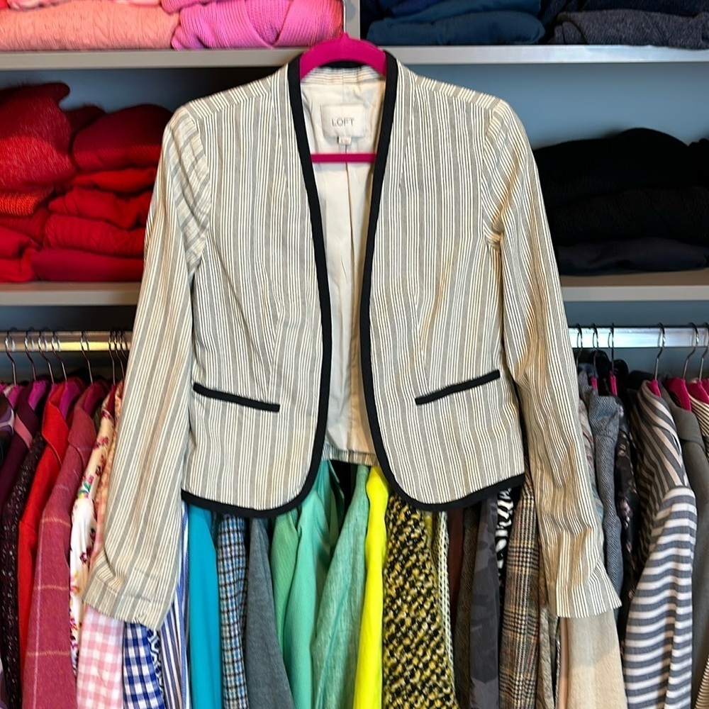 Loft Cream With Navy Stripes Open Front Blazer Si… - image 1